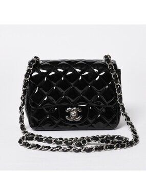 Chanel Mini Quilted 17 S Flap S Chain Shoulder Bag CC Logo Patent Silver